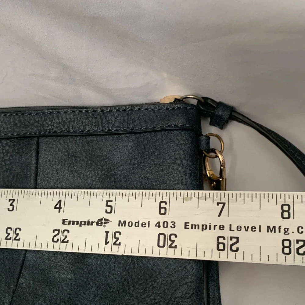 Wilsons Leather Wristlet Pouch Dark Teal Blue Pebbled Leather Gold Hardware Mini